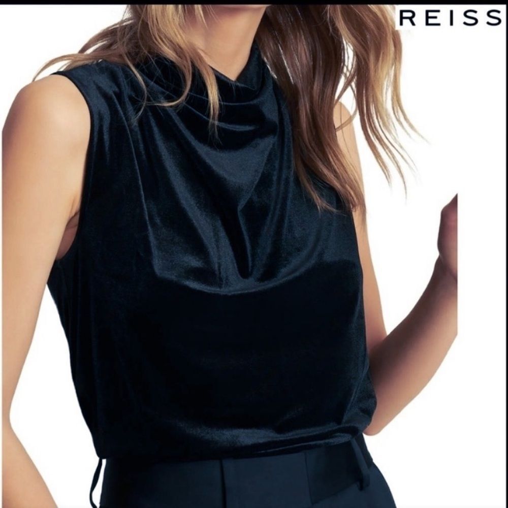 Reiss Velvet Sleeveless Cowl Neck Top in Navy - Picture 11 of 12